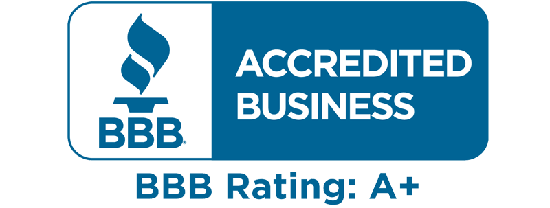 BBB Accredited Business Logo, A+ Rating, Blue, White.