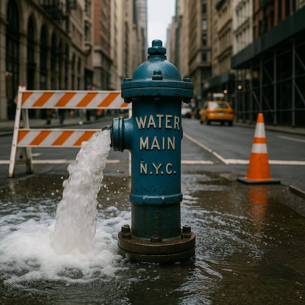 NYC water main hydrant releasing water on city street with traffic cone and barricade in background.