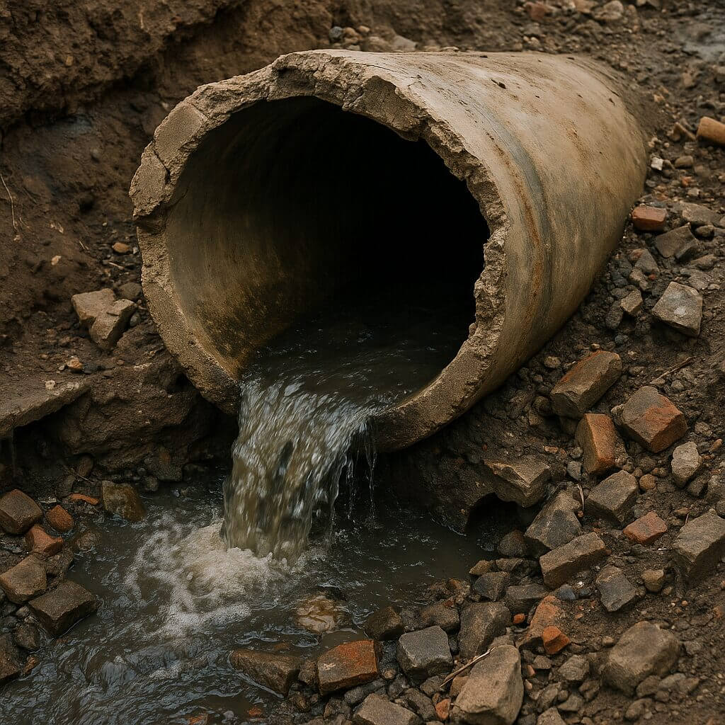 Broken sewer pipe leaking water into muddy ground, surrounded by rocks and dirt, illustrating infrastructure damage.