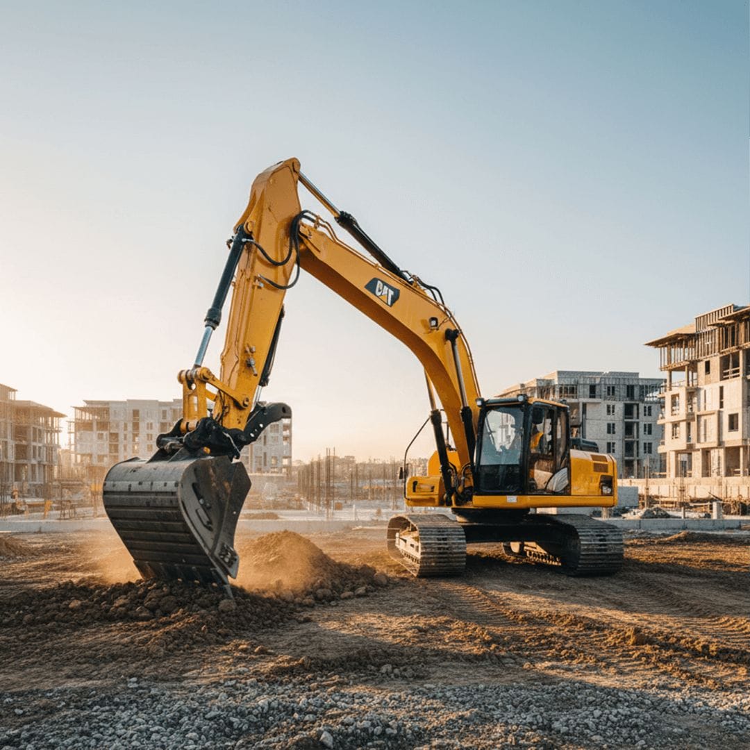 Excavator digging at a construction site with buildings in the background, showcasing industrial machinery and urban development.
