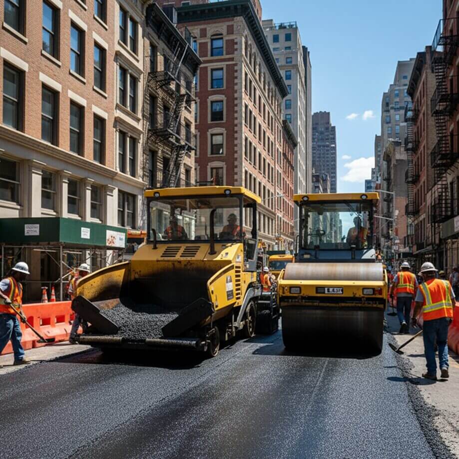 Urban road construction with heavy machinery and workers paving asphalt on a city street.