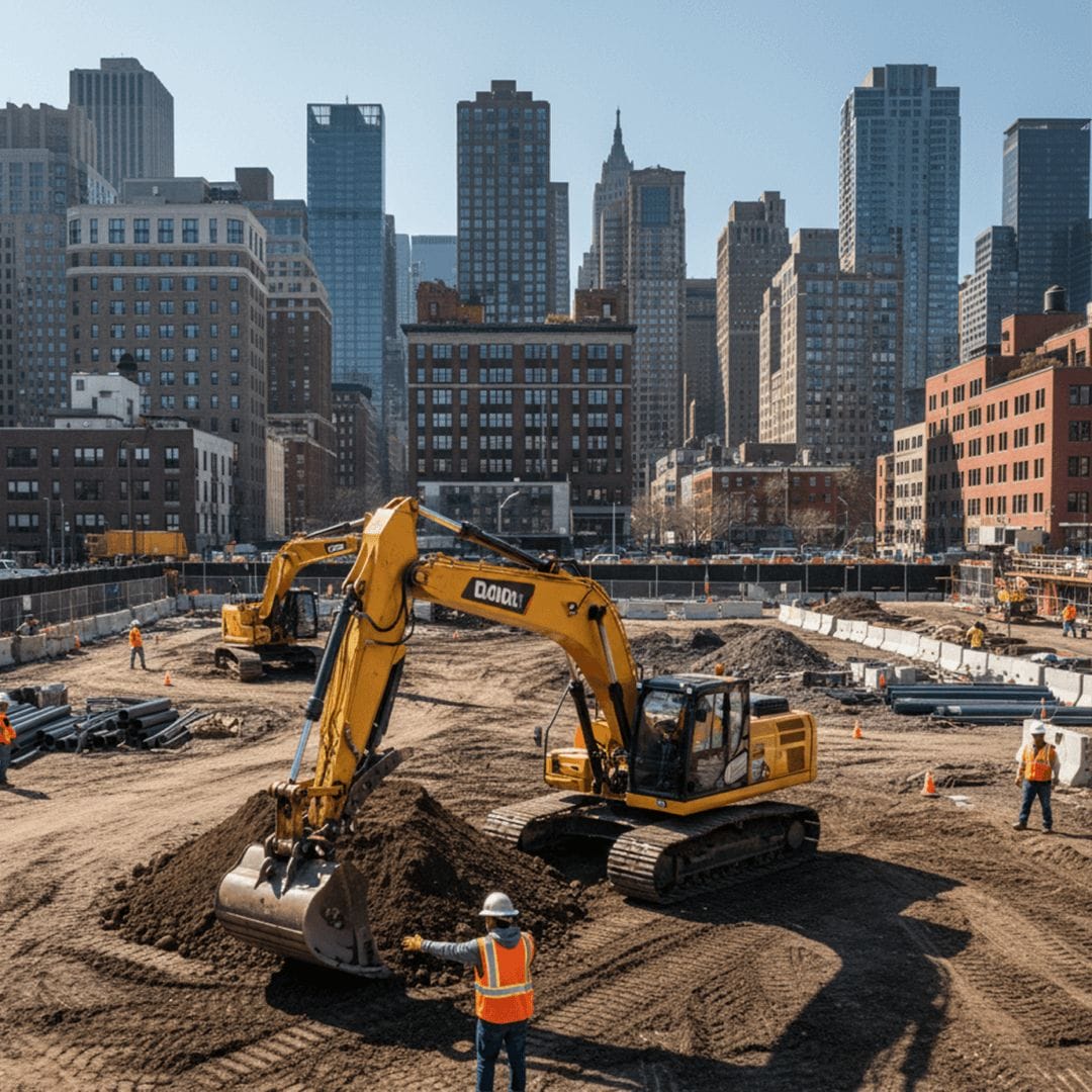 Urban construction site with excavators and workers in safety vests, skyscrapers in background, city development scene.