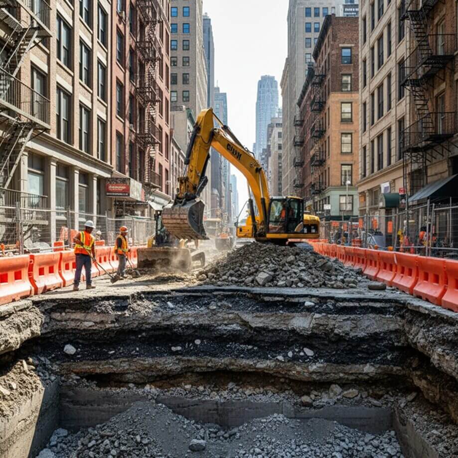 City street construction with excavator, workers, and safety barriers in urban setting.