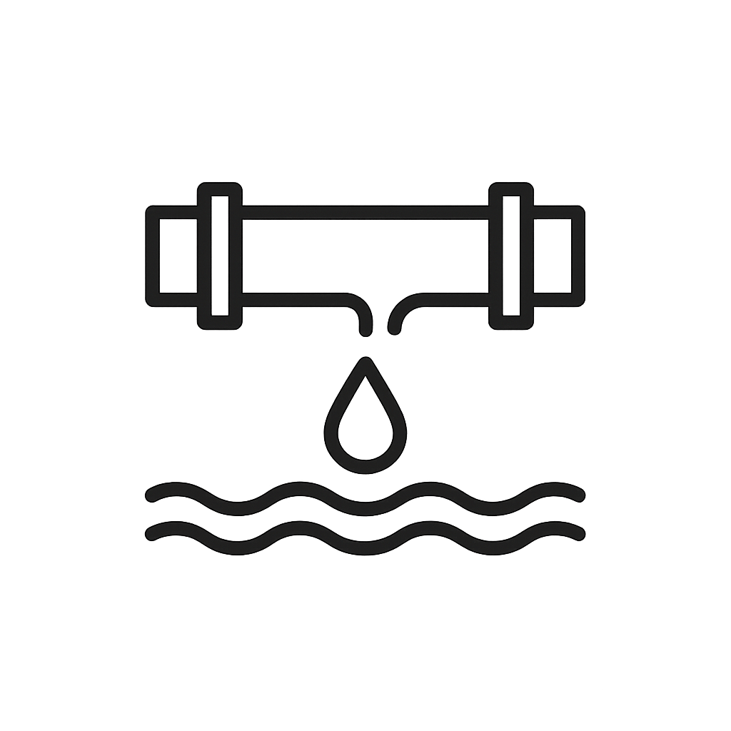 Pipeline icon with water droplet and waves, symbolizing water leakage and plumbing issues.