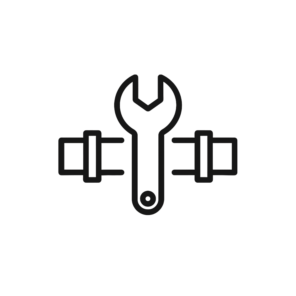 Icon of a wrench combined with barbell weights on a black background, representing fitness and repair or maintenance.