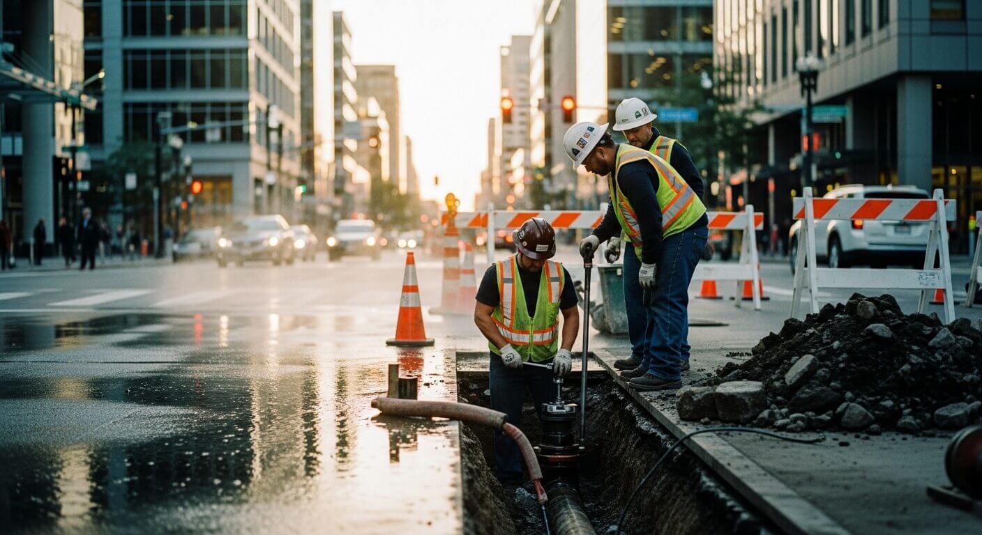 Construction workers repairing emergency sewer and water main on busy city street with traffic cones and barriers.