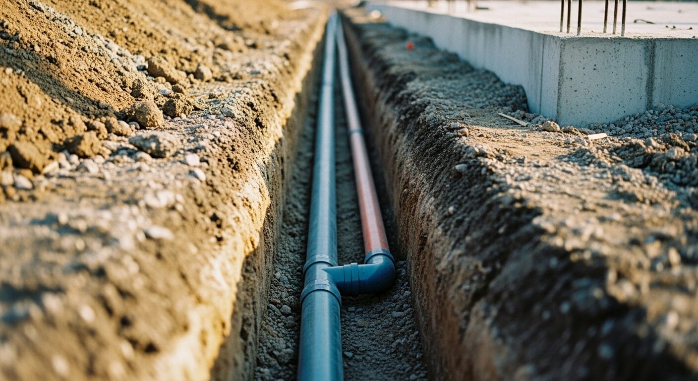 New sewer and water pipe installations in construction trench, showcasing infrastructure development and utility upgrades.