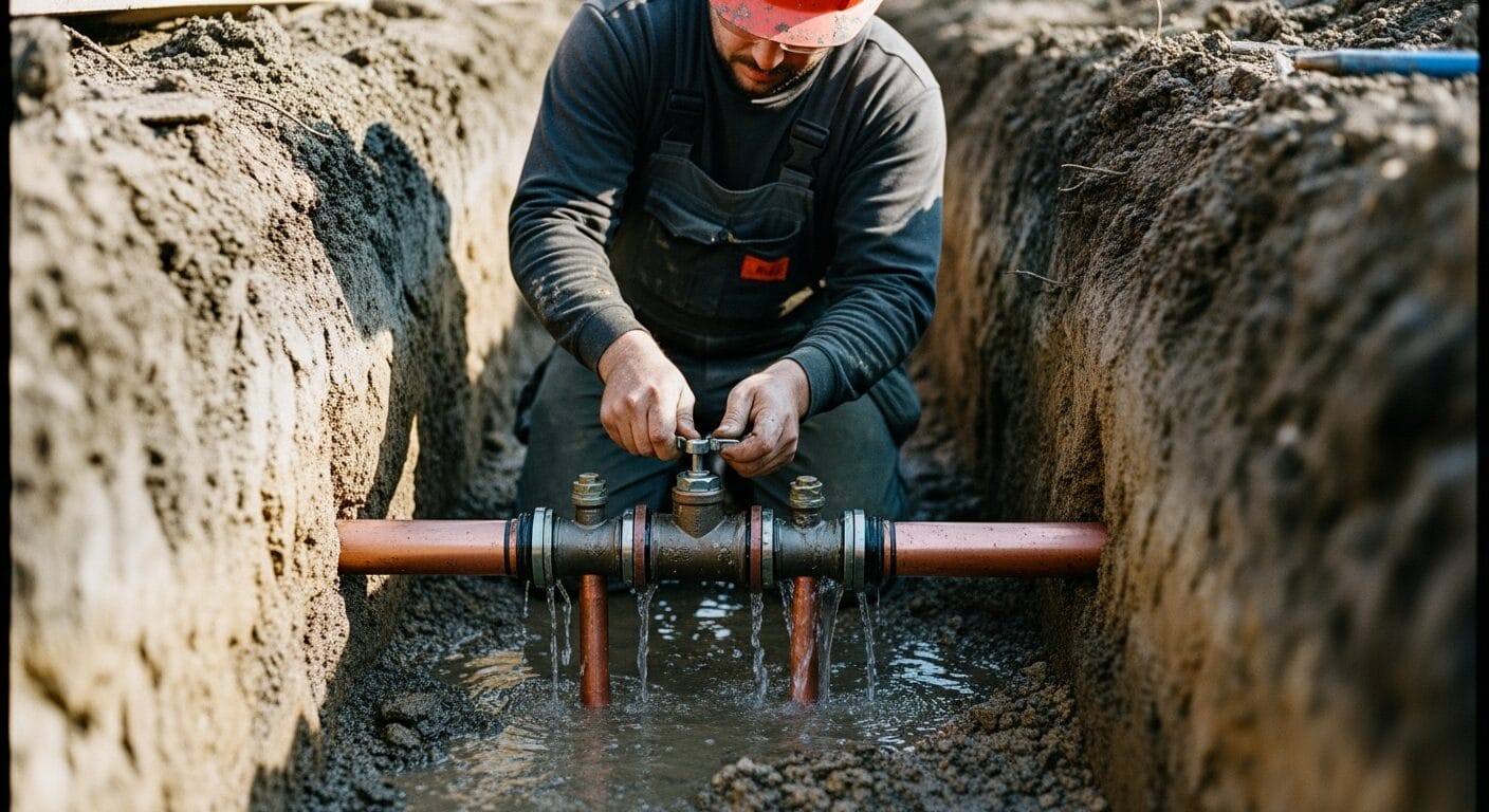 Worker repairing underground water main pipe leak in trench.