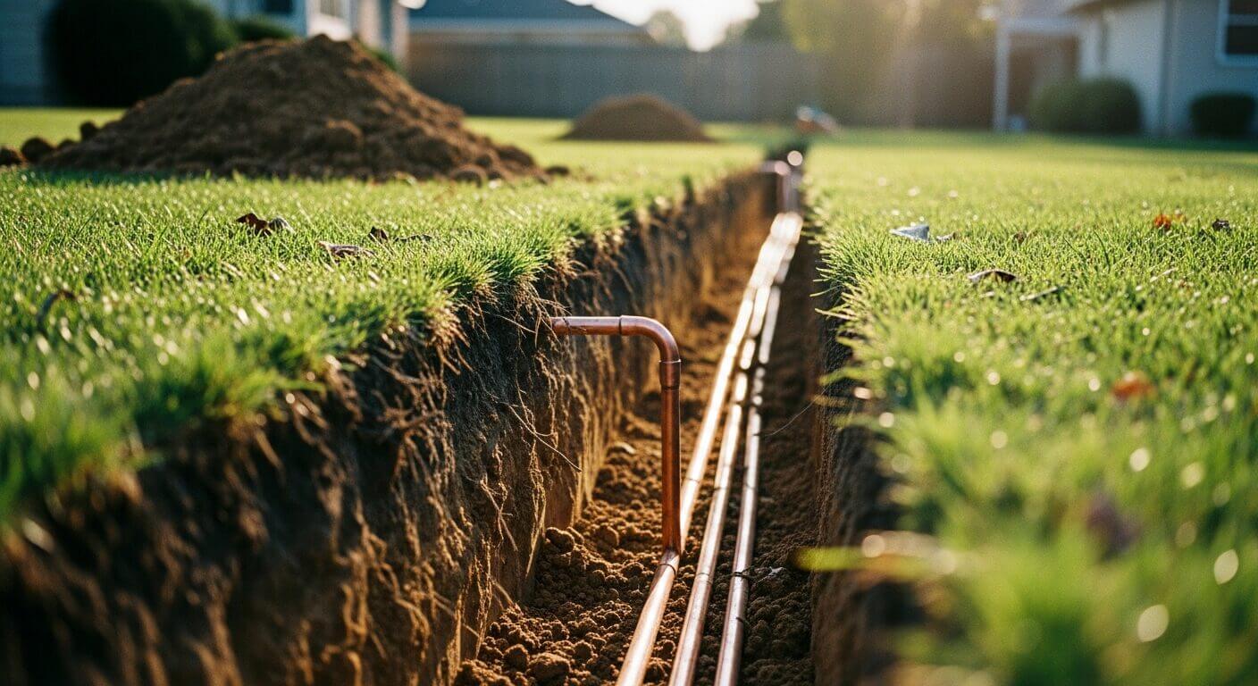 Trench with copper pipes for water main replacement under grassy lawn in residential area.