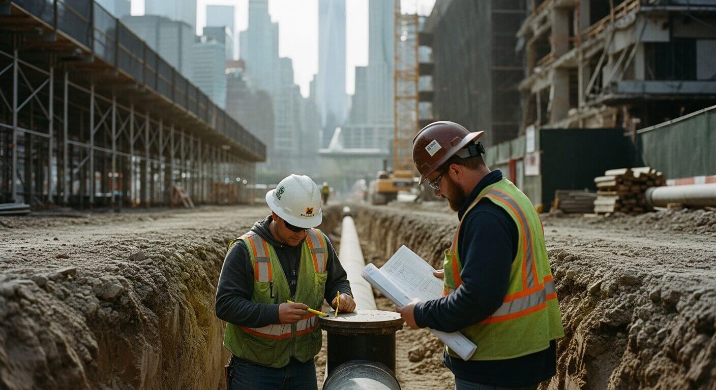 Construction workers inspecting pipeline in urban construction site, wearing safety gear, with city skyline in background.