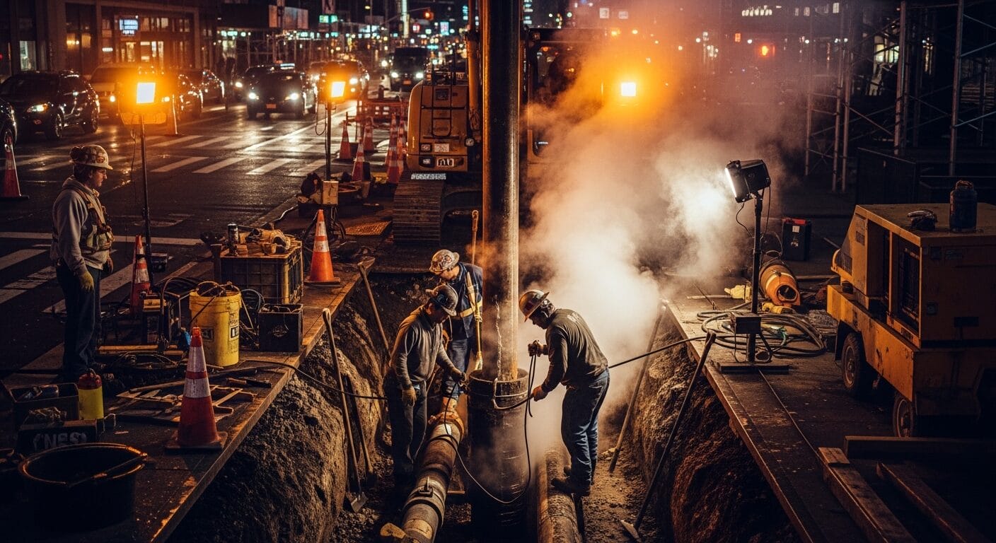 Nighttime construction workers repairing urban pipeline during emergency roadwork, with traffic and safety lights in city.