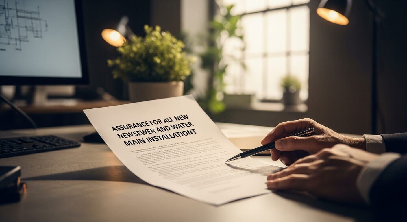 Document assurance for new sewer and water main installation, held by person in office setting with plants and lamp.
