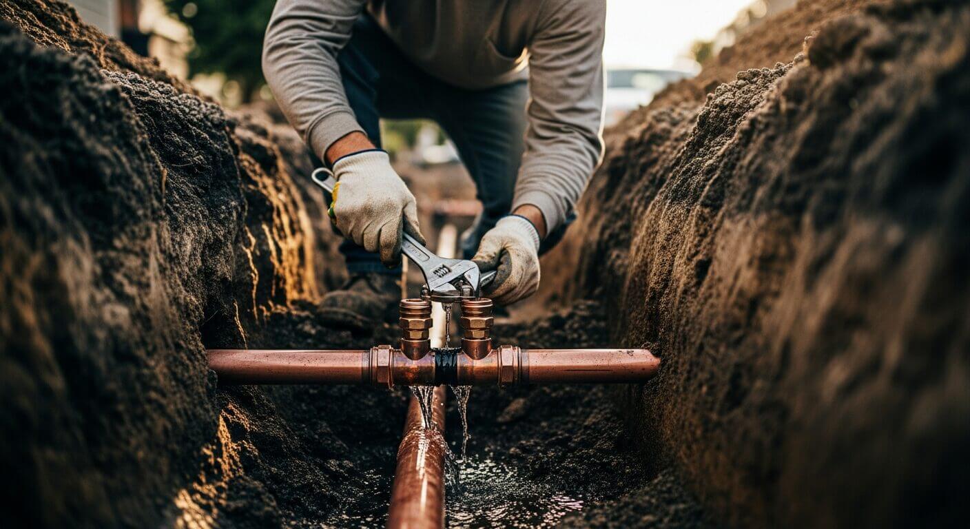Plumber fixing underground copper pipe leak with wrench in trench.