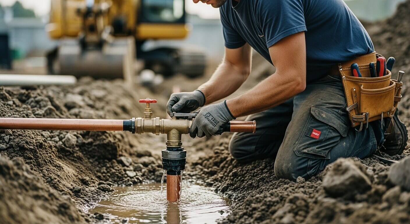Plumber repairing underground water pipe with tools at construction site.