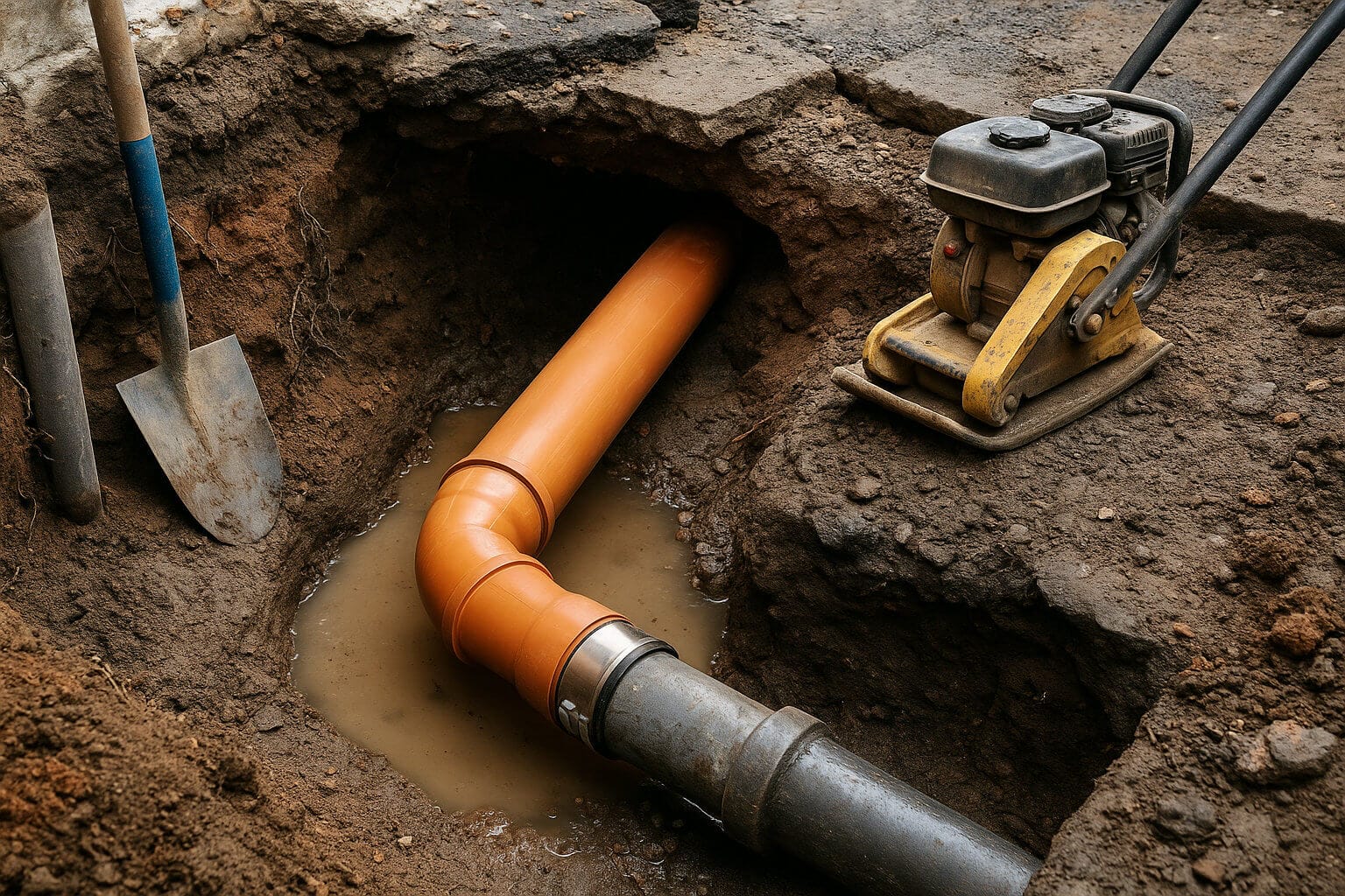 Orange sewer line installation with shovel and compactor on muddy ground.