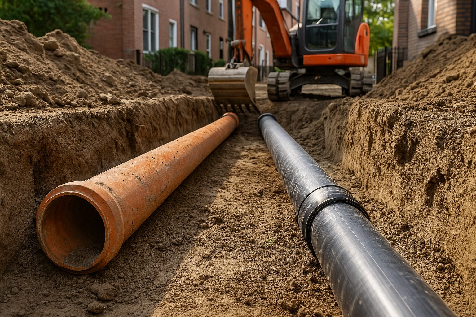Excavator replacing old sewer pipes, trench works, urban infrastructure upgrade.