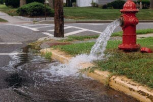 Opened fire hydrant causing water leak on street, expertly managed by Brooklyn-based company specializing in water main and sewer repair services throughout New York City.